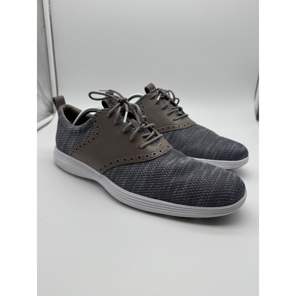 Cole Haan Grand.OS Mens 12M Grey Knit Wingtip Oxford Shoes C31346 Brown Leather